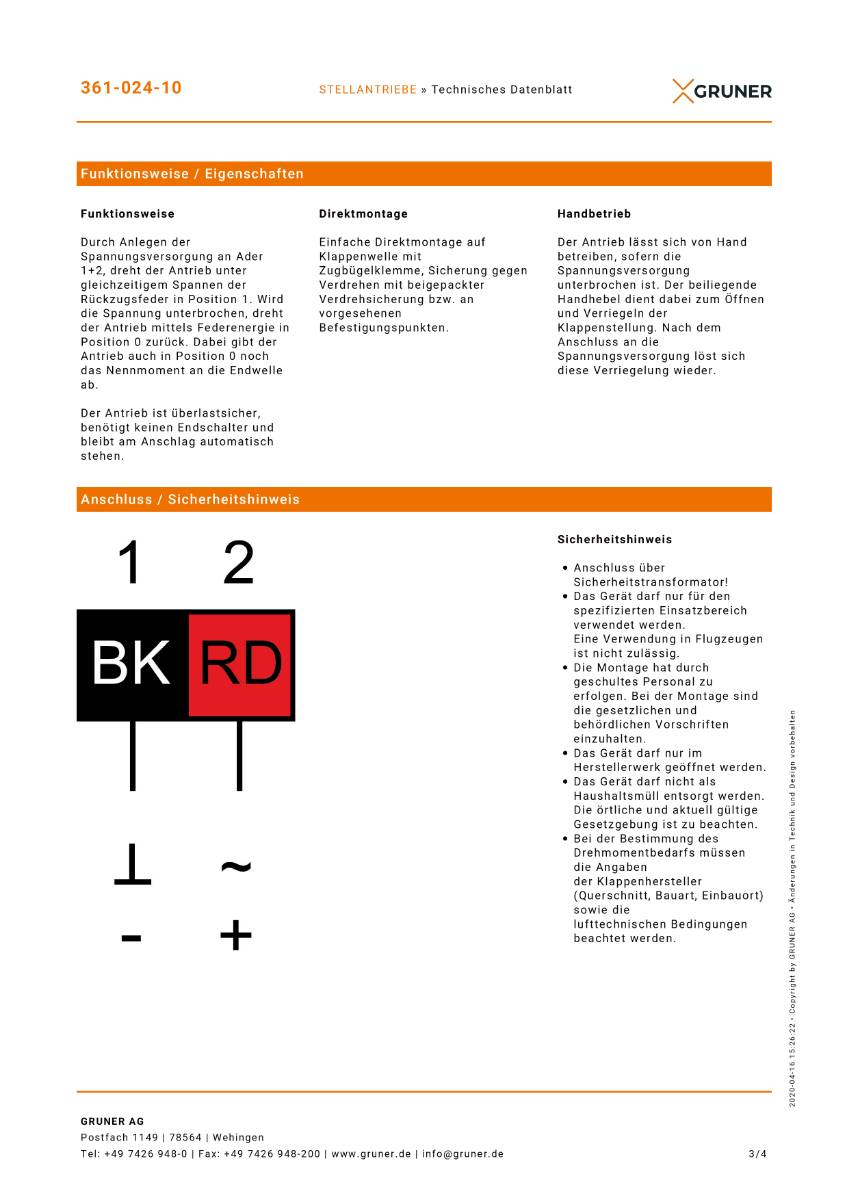 Gruner Federrücklauf Stellantrieb Typ 361-024-10 ( 24V - 10 Nm - Ansteuerung 2/3 Punkt)
