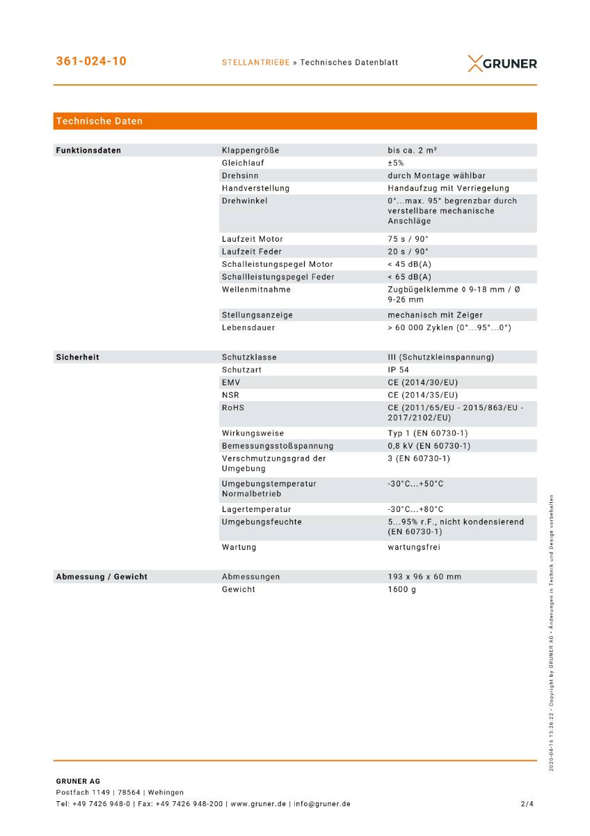 Gruner Federrücklauf Stellantrieb Typ 361-024-10 ( 24V - 10 Nm - Ansteuerung 2/3 Punkt)