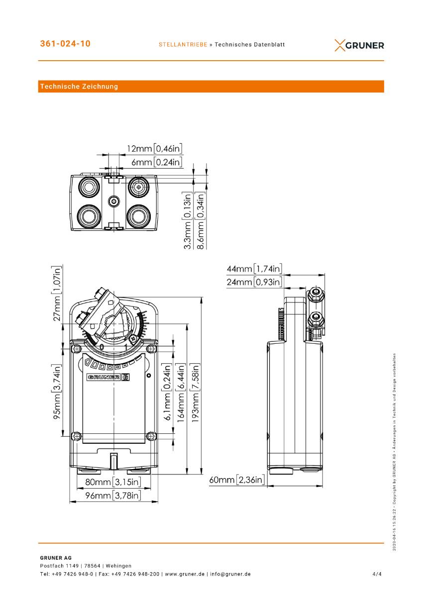Gruner Federrücklauf Stellantrieb Typ 361-024-10 ( 24V - 10 Nm - Ansteuerung 2/3 Punkt)