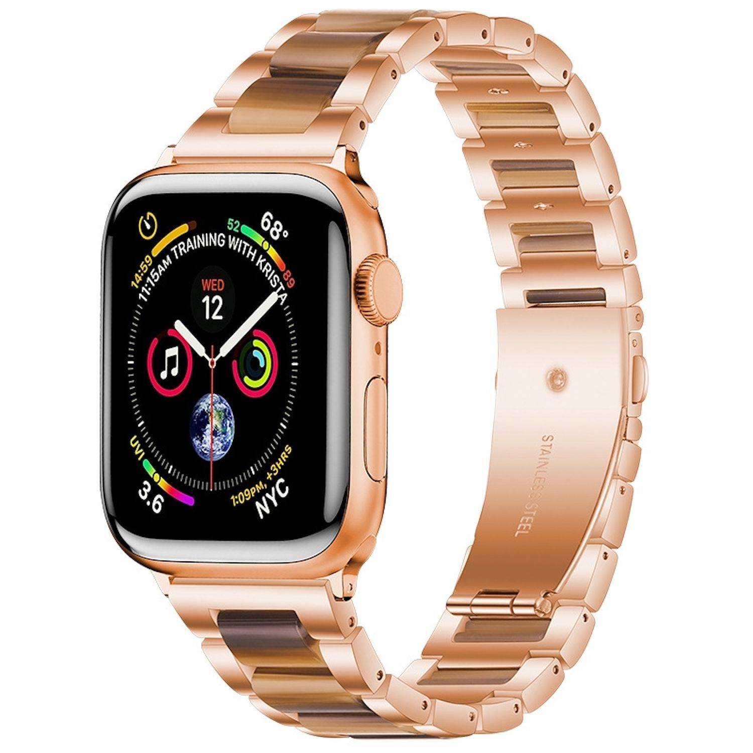 Rosegoldene Apple Watch mit Metallband, von vorne und hinten auf weißem Hintergrund dargestellt, mit einem fitnessorientiertem Zifferblatt mit Aktivitätsringen und Komplikationen.
