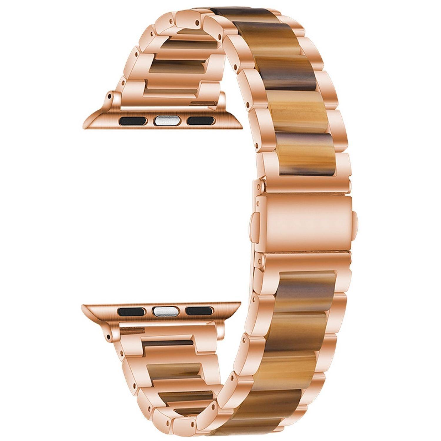Roségold-Metall-Smartwatch-Armband mit verstellbaren Gliedern, frontal und zentriert auf weißem Hintergrund dargestellt.