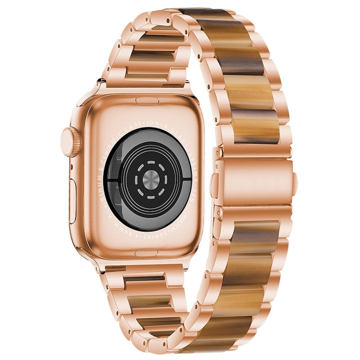 Roségold-Smartwatch von hinten gezeigt, mit metallischem Gliederarmband und rundem Sensor auf weißem Hintergrund.