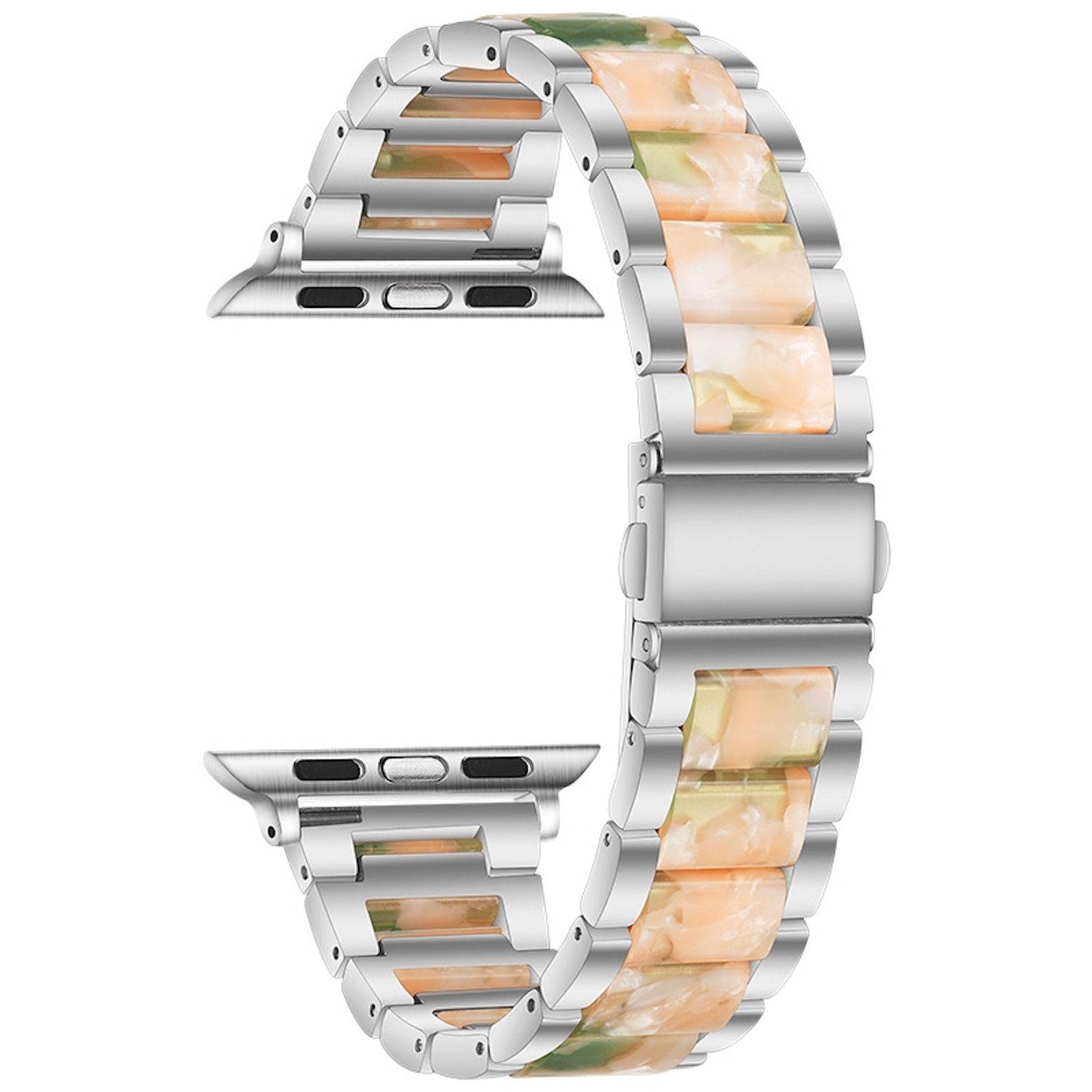 Silbernes Metall-Smartwatch-Armband mit durchscheinendem orange-grün marmoriertem Einleger, geschlossen auf weißem Hintergrund abgebildet.