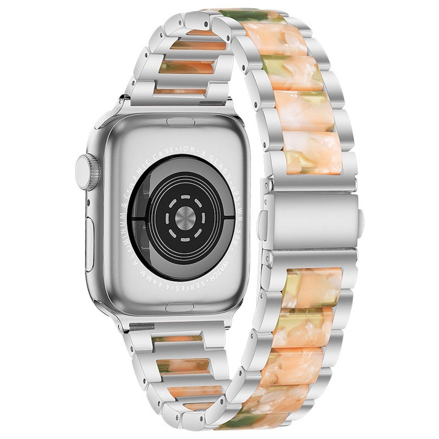 Silberne Apple Watch mit Metallgliedband mit durchsichtigen bernsteinzarbigen Einsätzen, von hinten vor weißem Hintergrund gezeigt.