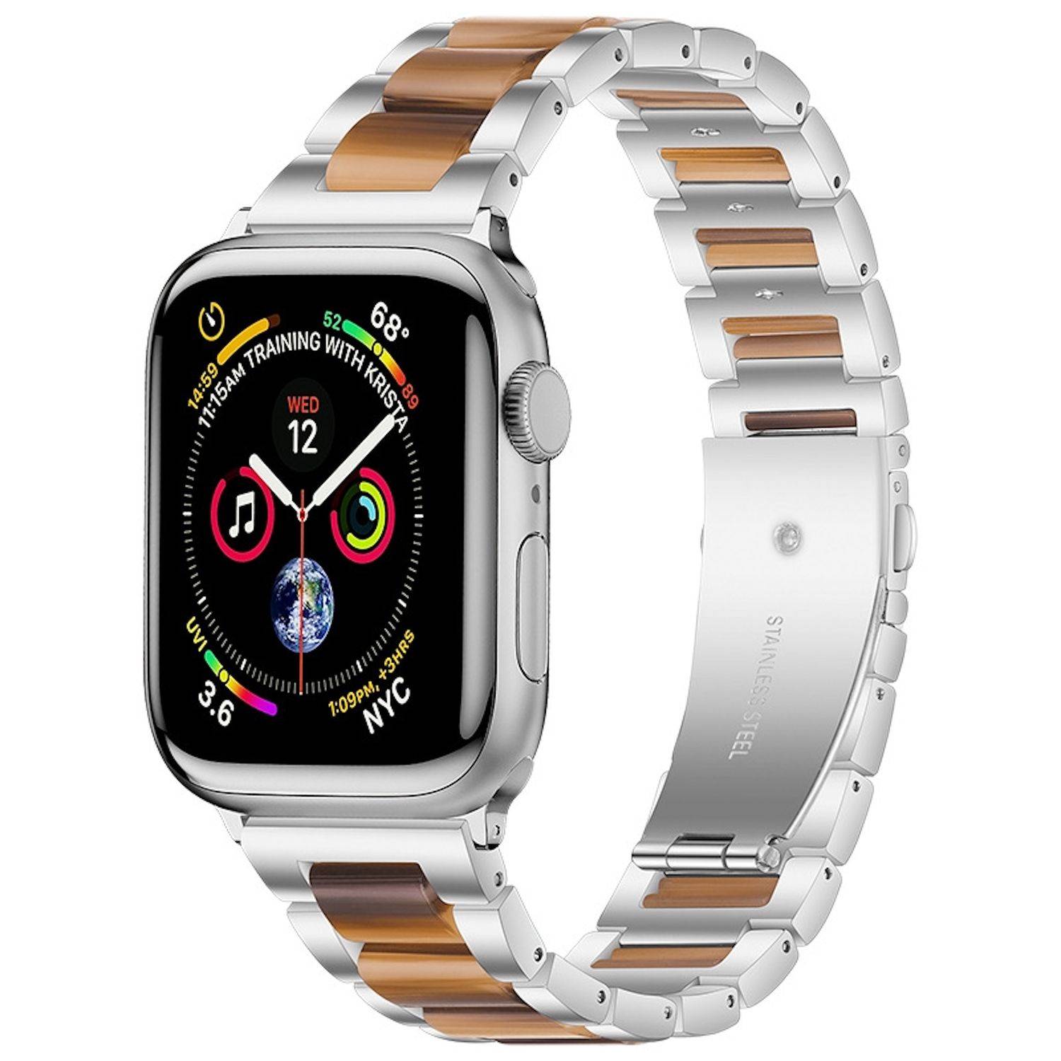 Silberne Apple Watch mit zweifarbigem Metall-Gliedband, von vorne und hinten dargestellt, zeigt das Zifferblatt und das Armband-Design.