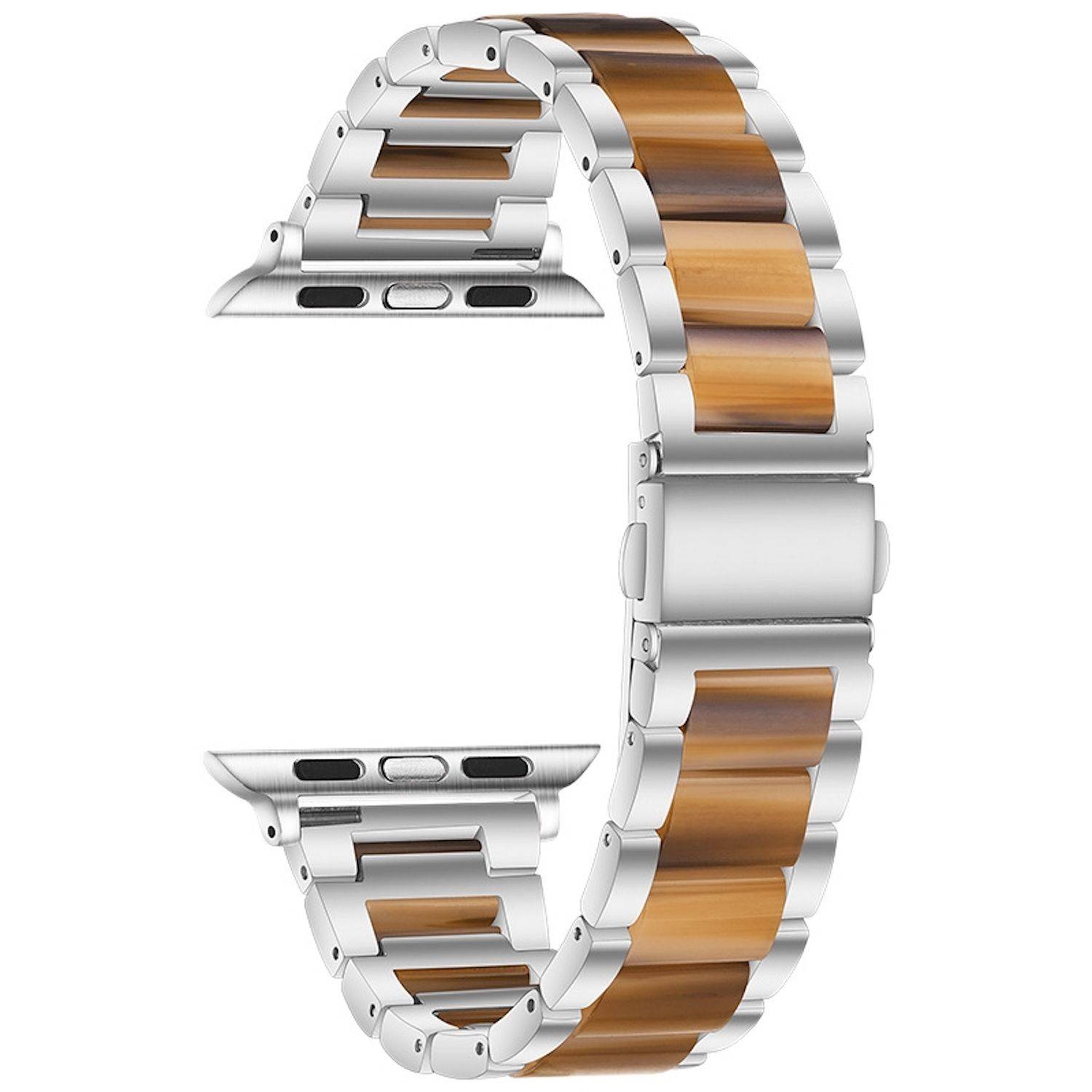 Ein silbernes Smartwatch-Armband mit Holzakzent-Gliedern, offen in C-Form auf weißem Hintergrund gezeigt.