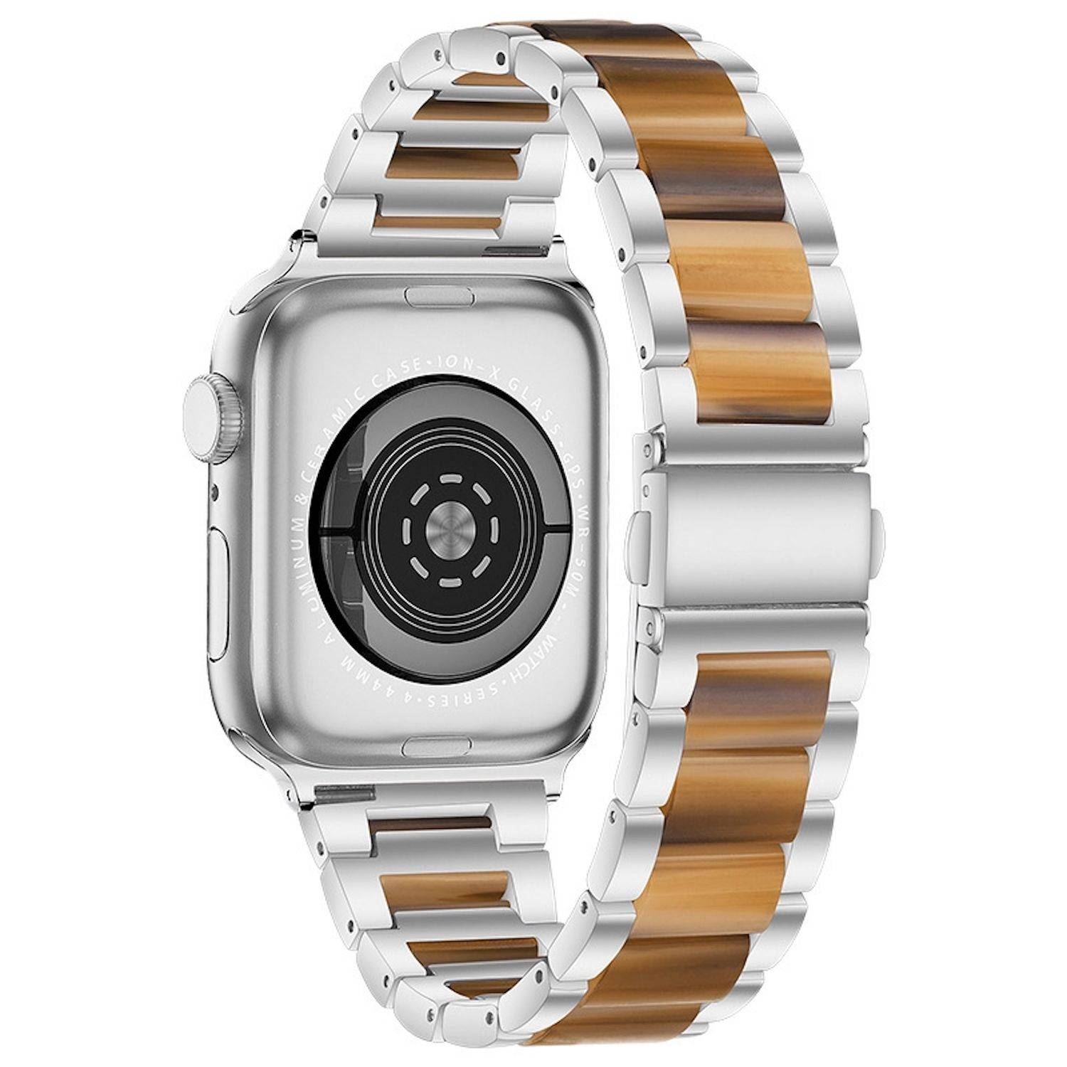 Rückansicht einer silbernen Smartwatch mit zweifarbigem Metallarmband, die den kreisförmigen Ladesensor auf weißem Hintergrund zeigt.