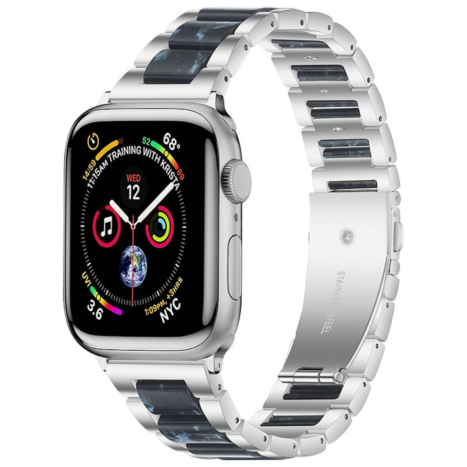 Silberne Apple Watch mit Edelstahl-Gliedarmband, von vorne und hinten auf weißem Hintergrund gezeigt, mit einem farbenfrohen, fitnessorientiertem Watch-Face.