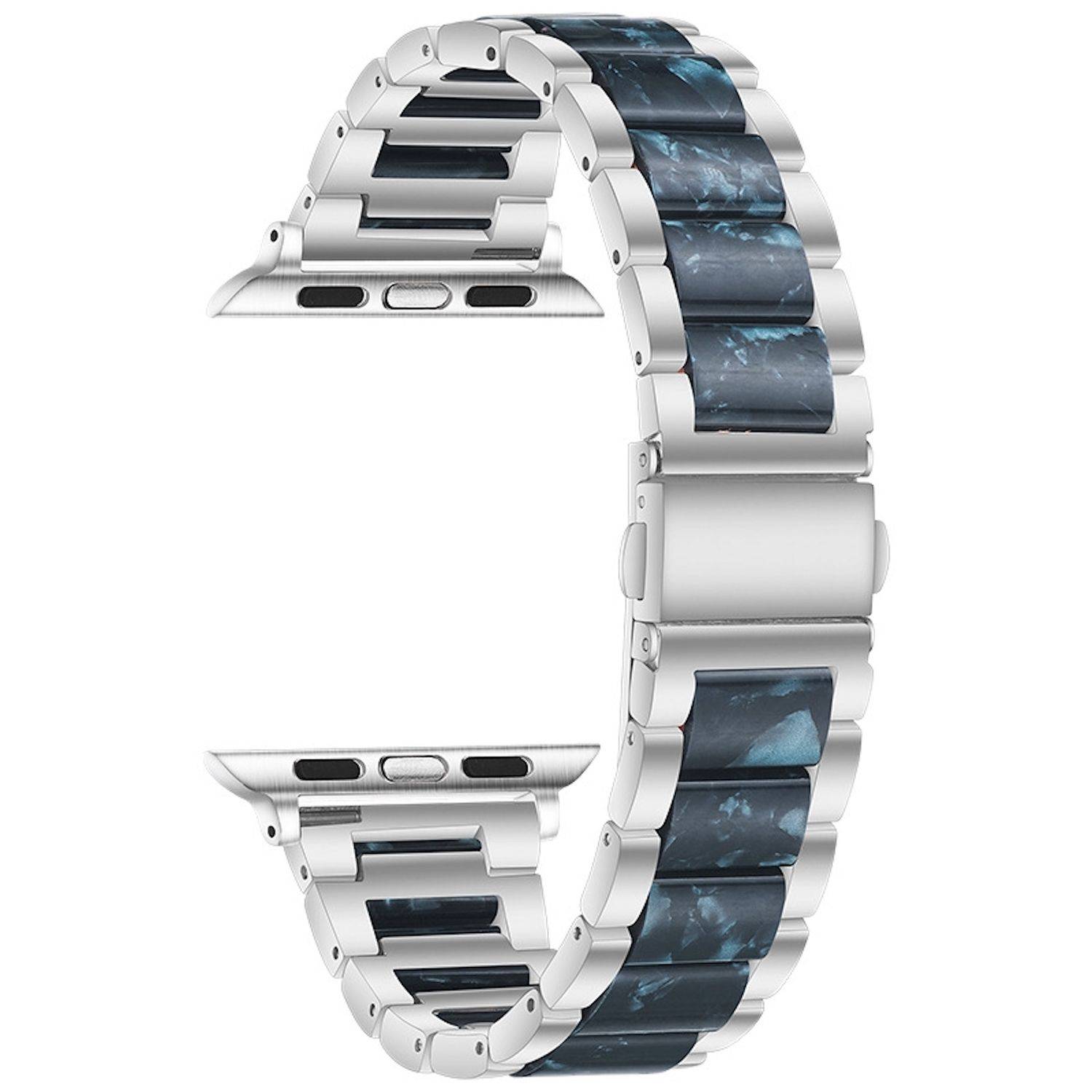 Silbernes Smartwatch-Armband mit dunkelblau marmorierten Einlagenpaneelen, offen vor weißem Hintergrund dargestellt.