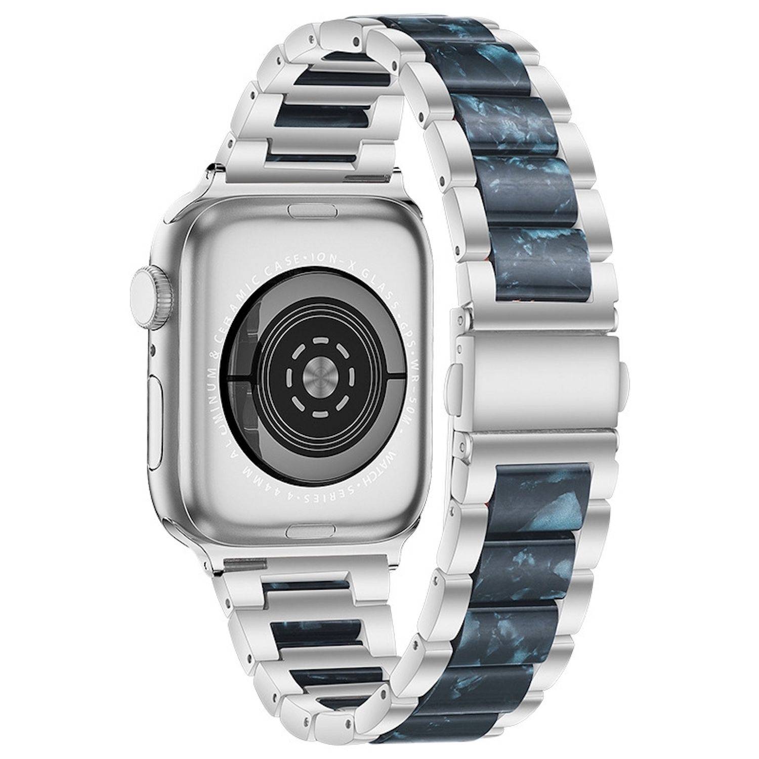 Silberne Smartwatch mit Metallgliedband und dunklen Marmor-Einlegearbeiten, von hinten auf weißem Hintergrund gezeigt.