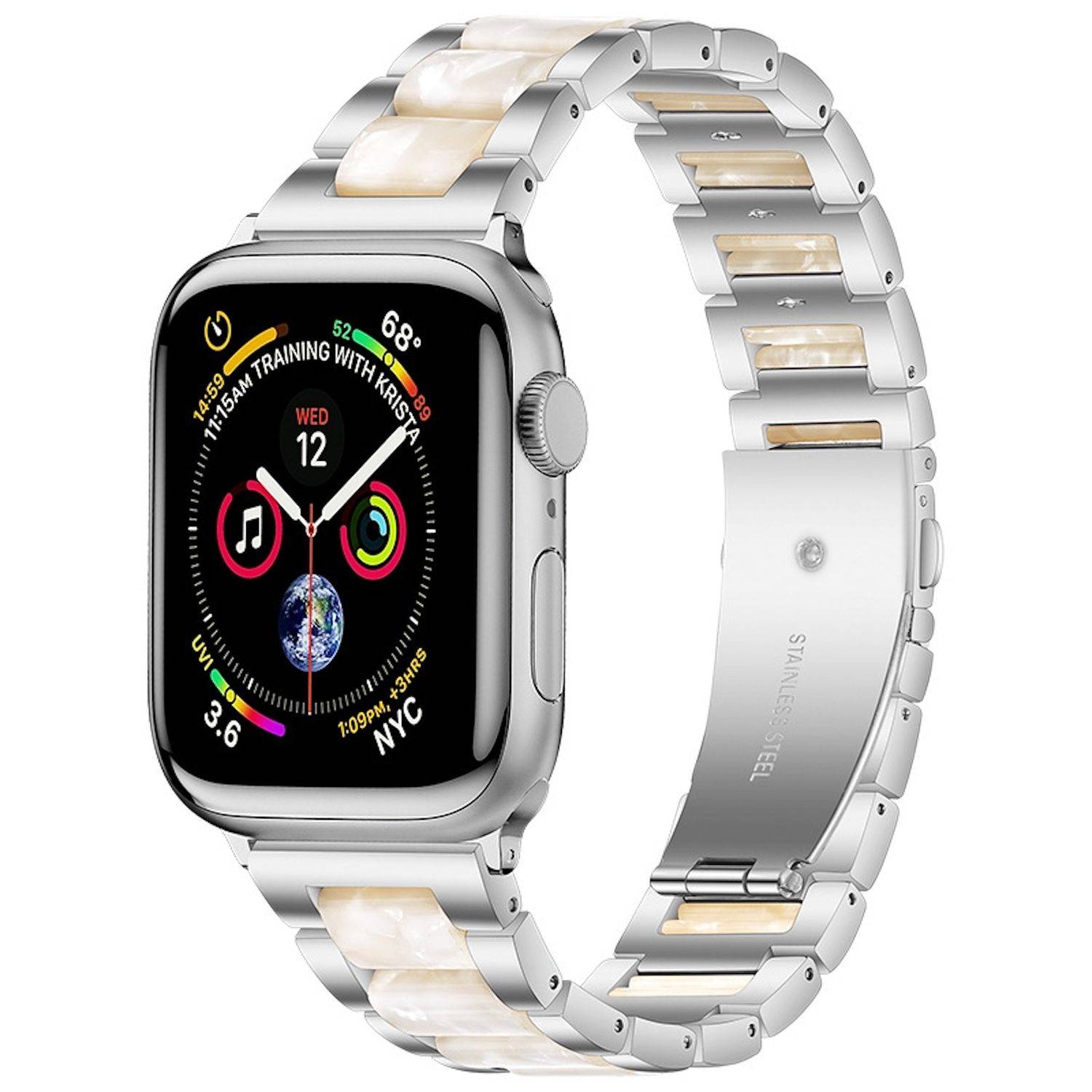 Silberne Apple Watch mit Metallgliedband, von vorne und hinten gezeigt, mit aktivitätsverfolgender Zifferblattanzeige mit Ringen, Datum und Trainingstext.