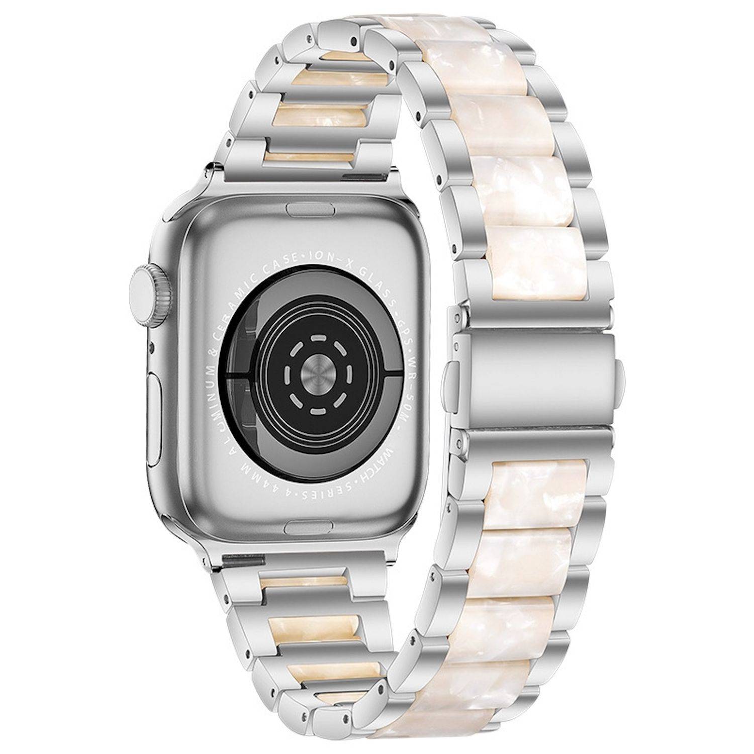 Rückseite einer silbernen Apple Watch mit einem weiß-silbernen Gliederarmband, das den kreisförmigen Sensor auf weißem Hintergrund zeigt.