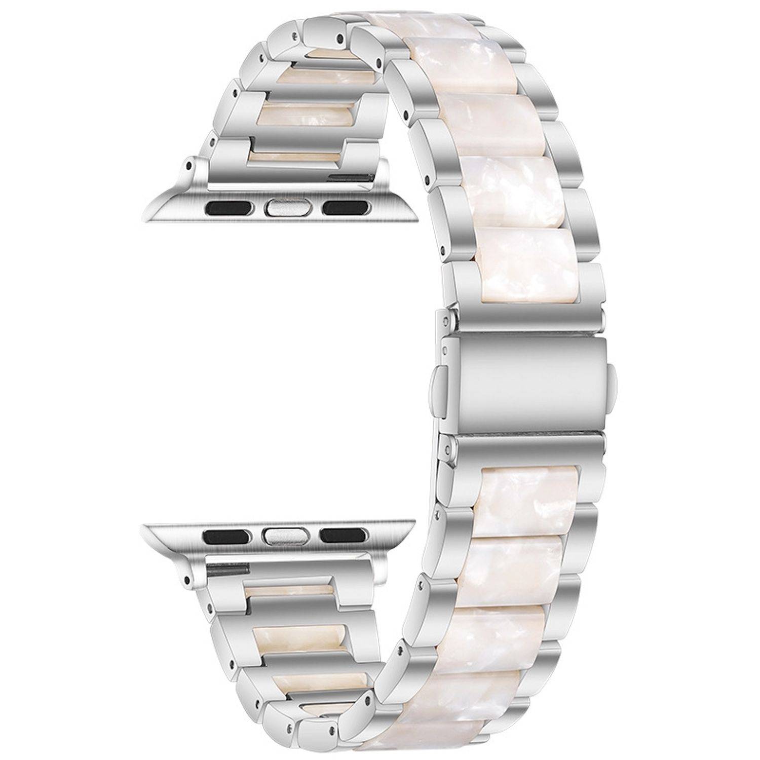 Silbernes Metall-Uhrenarmband mit weißen Perlmutt-Gliedern, isoliert auf weißem Hintergrund in C-Form dargestellt.