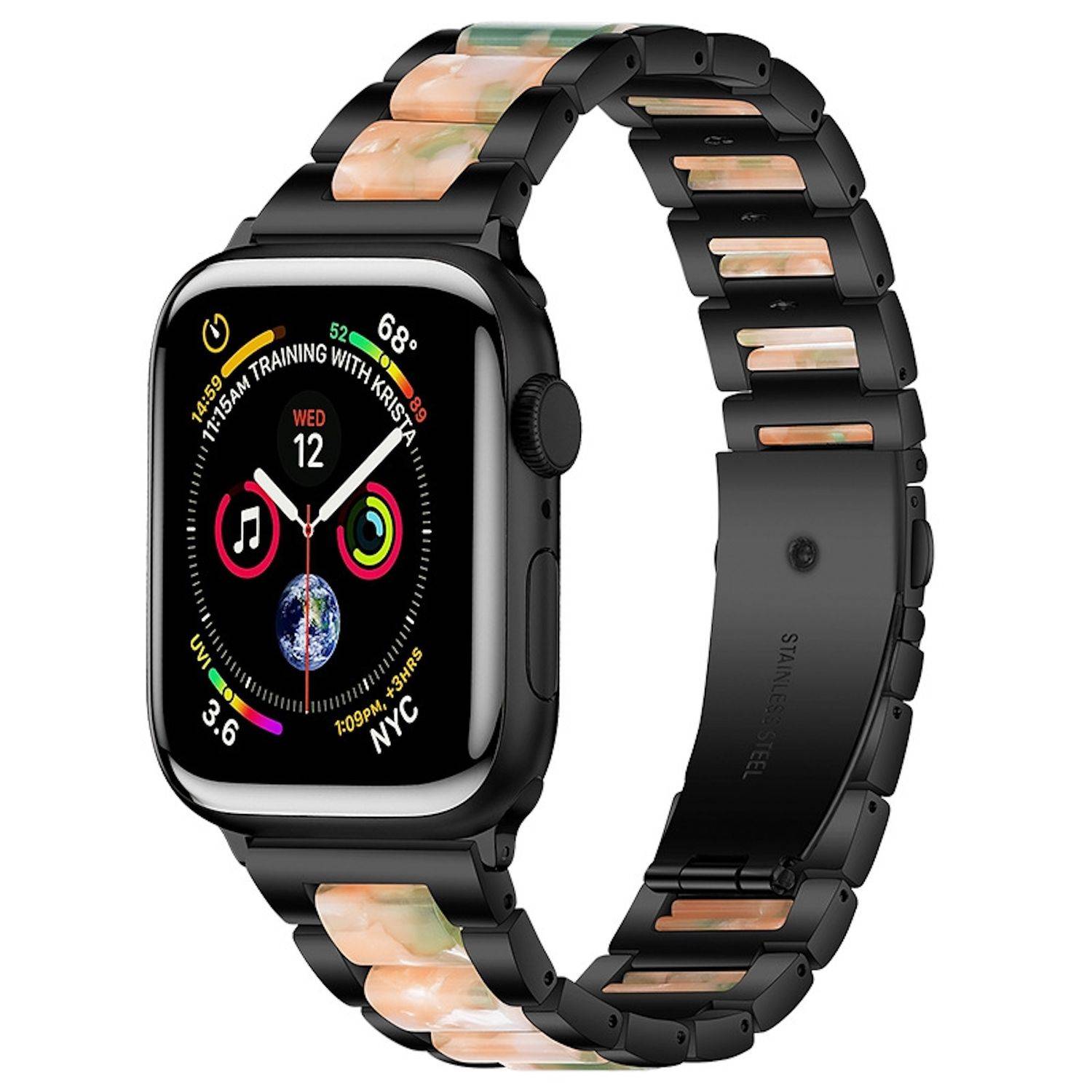 Schwarze Apple Watch mit schwarzem Metallgliedband mit Roségold-Akzenten, gezeigt mit farbenfrohem Fitness-Stil-Zifferblatt.