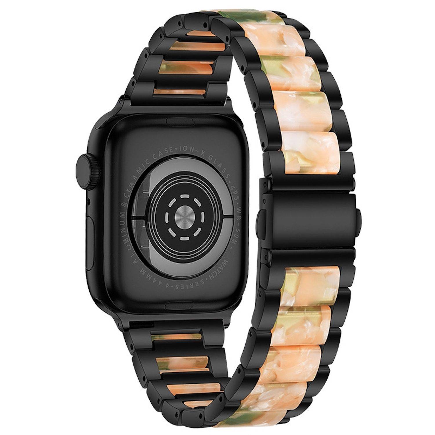 Schwarze Smartwatch mit schwarzem Armband mit Marmormuster, von hinten gezeigt mit sichtbarem Sensor-Ladebereich.