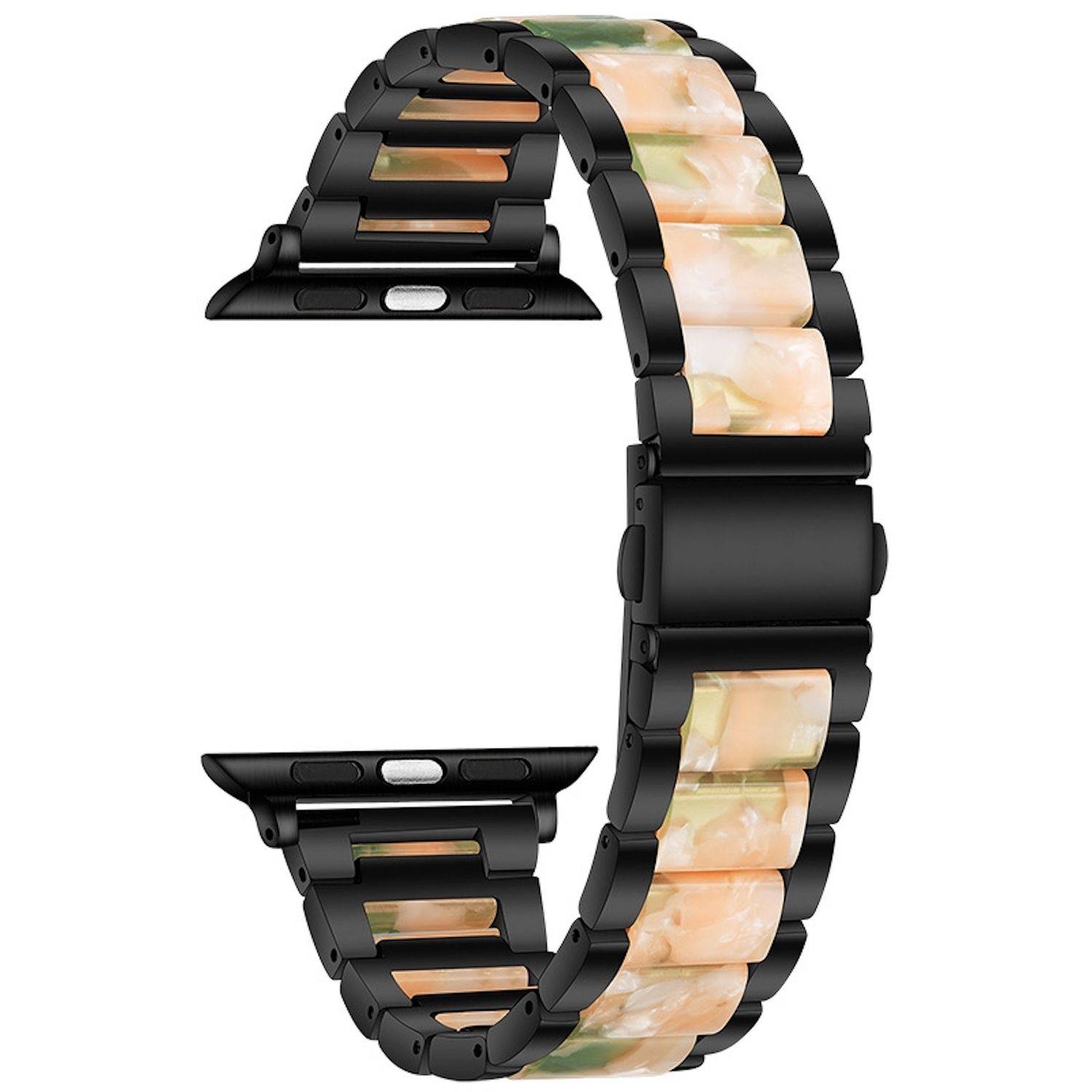 Schwarzes Smartwatch-Armband mit flexiblem segmentiertem Design, geöffnet in C-Form auf weißem Hintergrund.