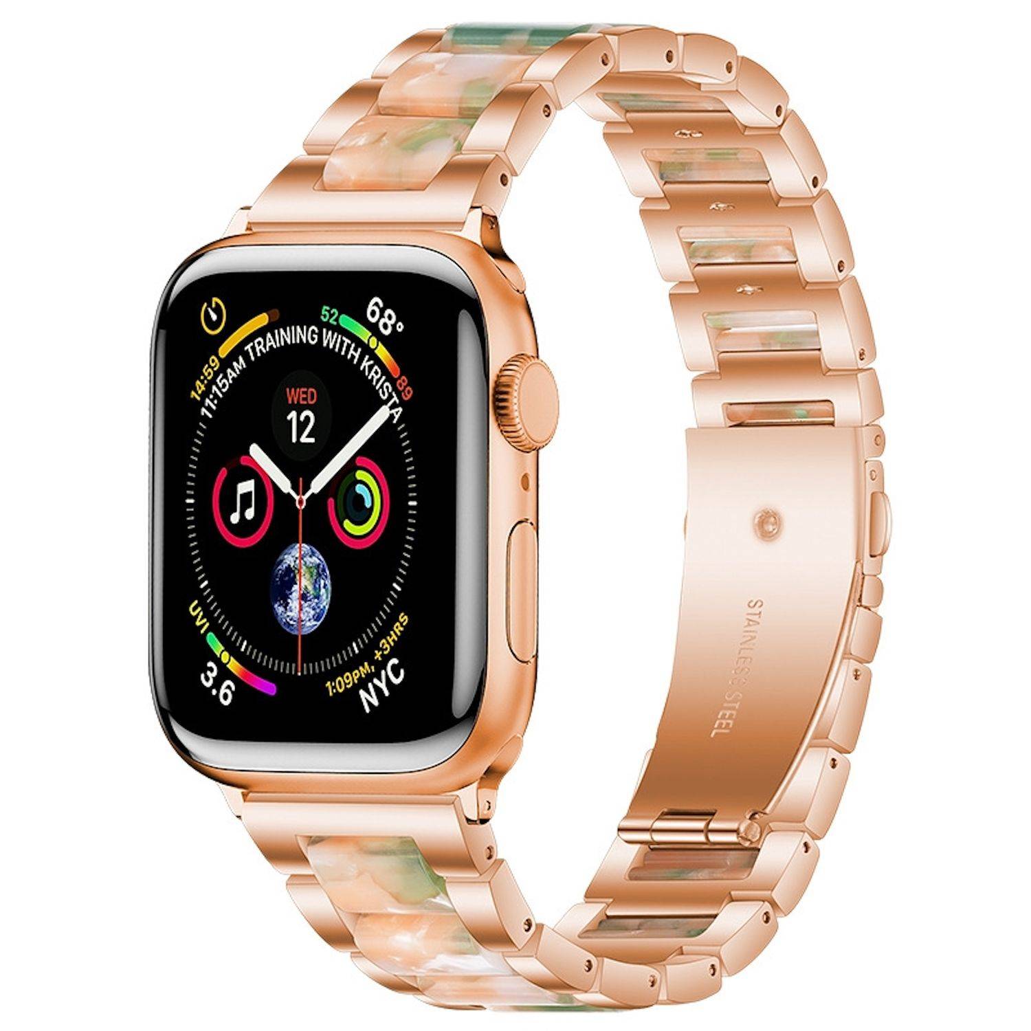 Rose-Gold Apple Watch mit passendem Metallband, von vorne und hinten auf weißem Hintergrund gezeigt.