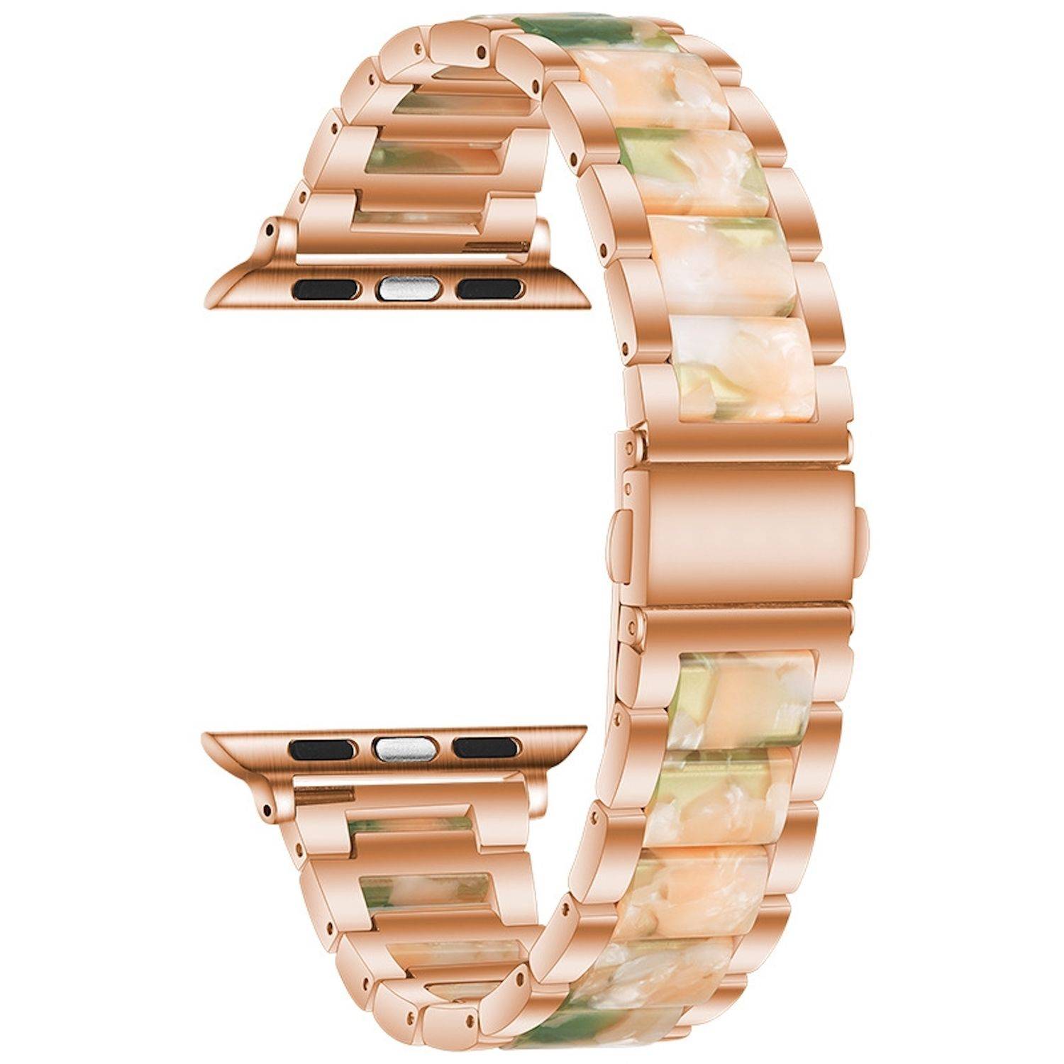 Roségold-Smartwatch-Armband mit breitem, floralmusteriertem Mittelglied und Metallschließe, auf weißem Hintergrund abgebildet.