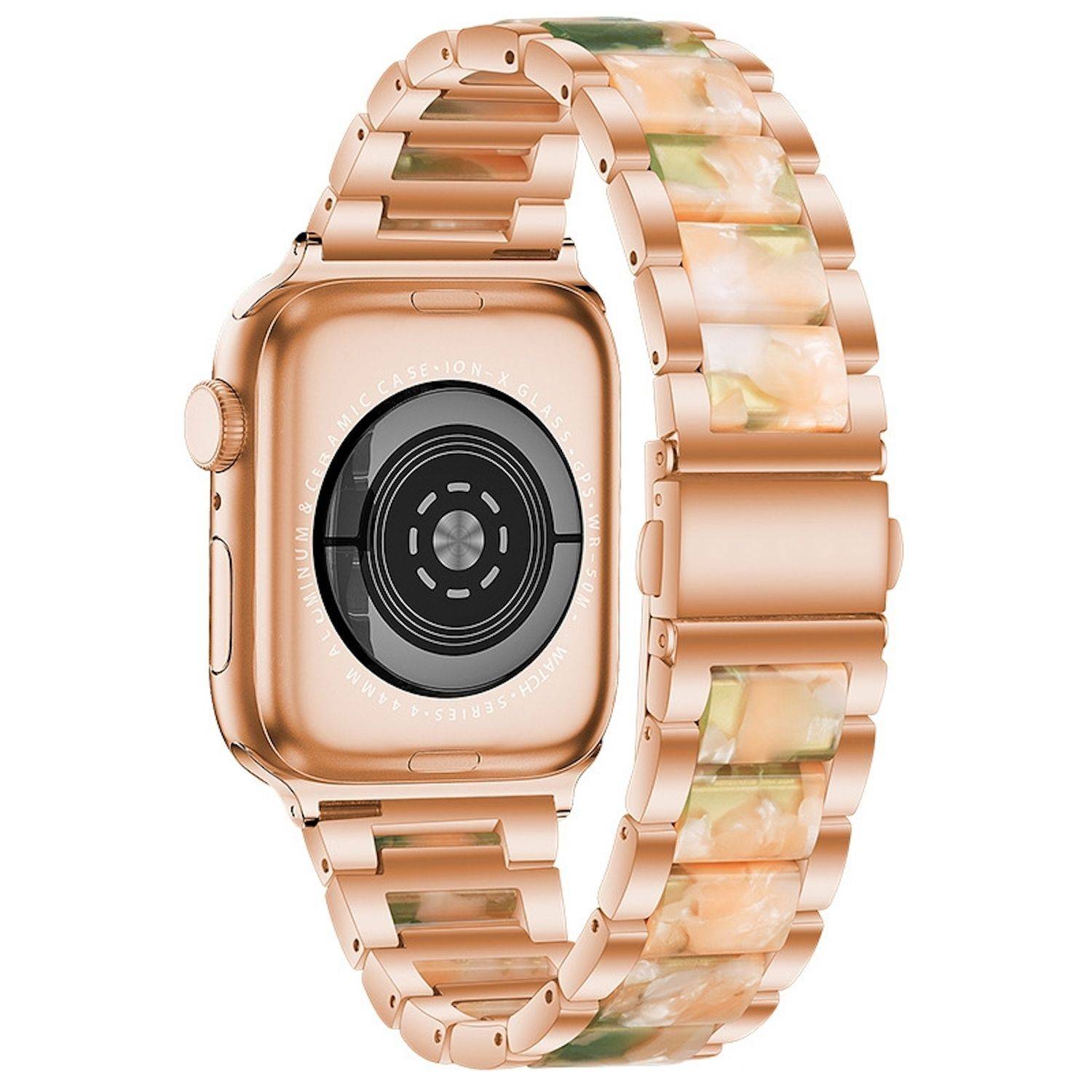 Rosegoldene Apple Watch von hinten gezeigt, wobei der runde Sensor und das passende Metallarmband auf weißem Hintergrund hervorgehoben werden.
