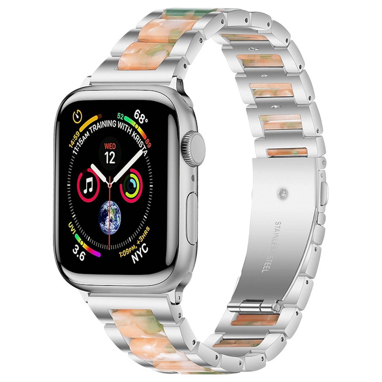 Silberne Apple Watch mit Metallarmband und schwarzem Zifferblatt, auf dem analog die Uhrzeit, Trainingsringe, das Datum und App-Symbole angezeigt werden.