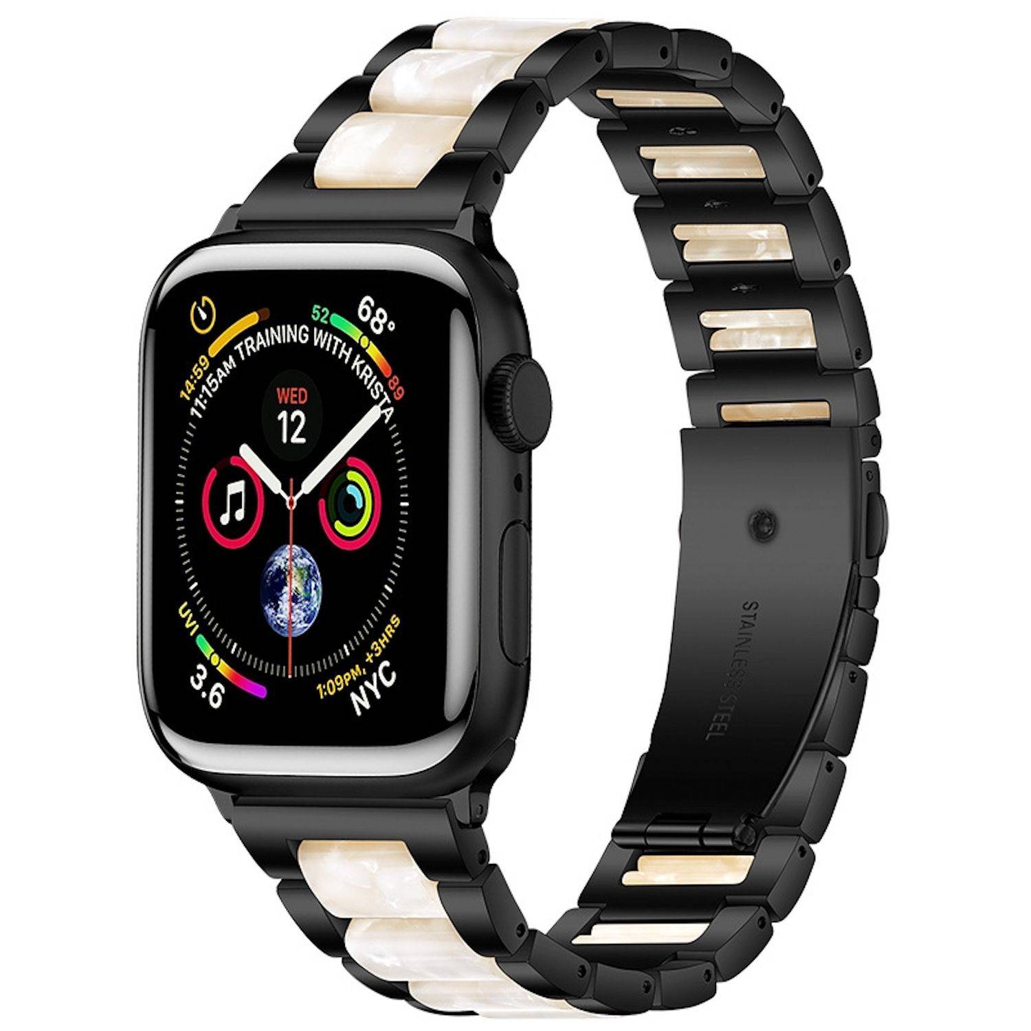 Schwarze Apple Watch mit schwarzem und cremefarbenem Gliederarmband, von vorne und hinten auf weißem Hintergrund gezeigt.