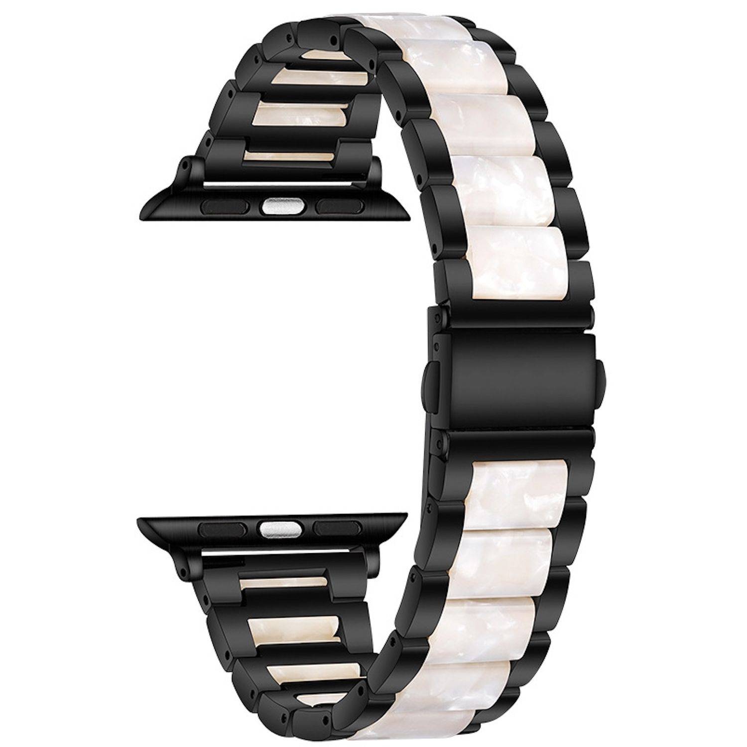 Schwarzes Smartwatch-Armband im Stil eines Armbands mit weißen Steineinlage-Paneelen, offen auf weißem Hintergrund dargestellt.