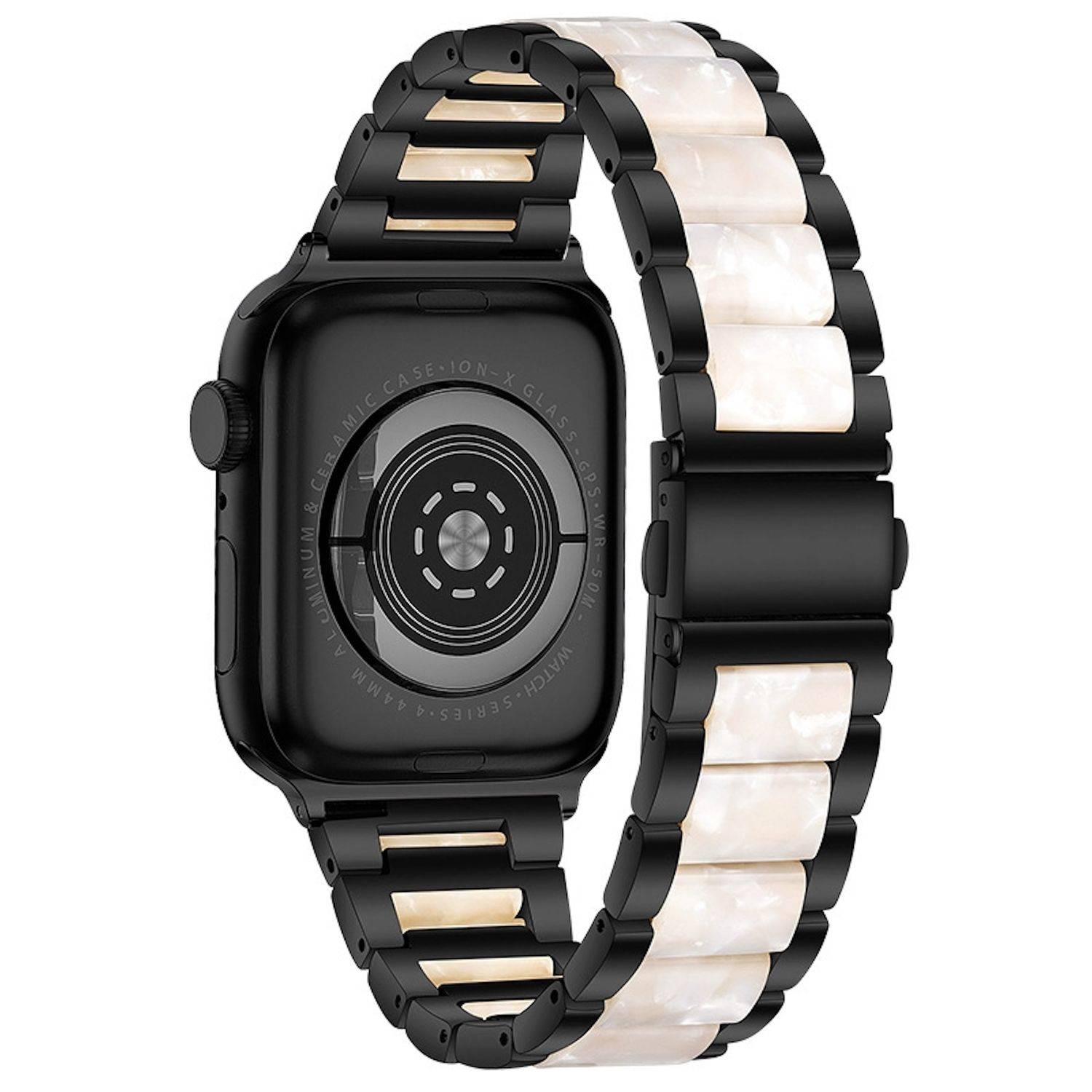Schwarze rechteckige Smartwatch mit schwarzem und weißem Gliederarmband, von hinten auf weißem Hintergrund gezeigt.