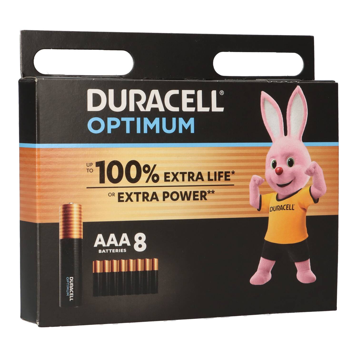 Duracell Optimum AAA Batterien 8er Pack, schwarze und orangefarbene Schachtel mit rosa Duracell Hase Maskottchen und Text „100% extra Lebensdauer