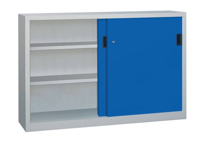 Schiebetürenschrank H1000xB1500xT500mm 4Fb.grau/blau Trgf.1000kg Trennw.Blechtür