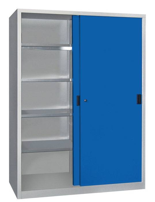 Schiebetürenschrank H1950xB1500xT600mm grau/blau 8 Fbd.m.Trennw.Vollblechtüren