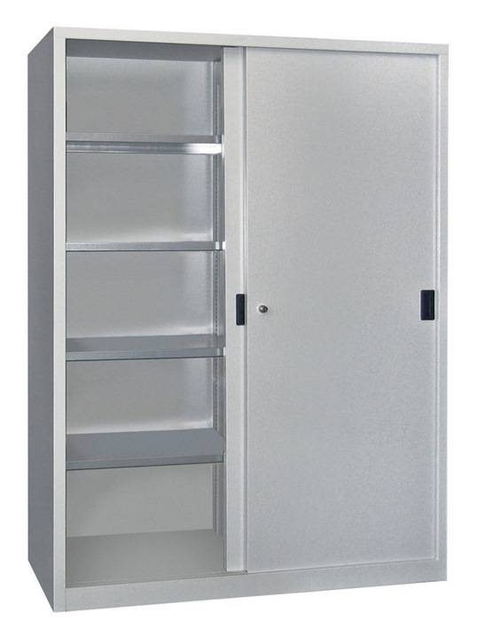 Schiebetürenschrank H1950xB1500xT500mm 8Fbd.grau Trgf.1000kg Trennw.Vollblechtür