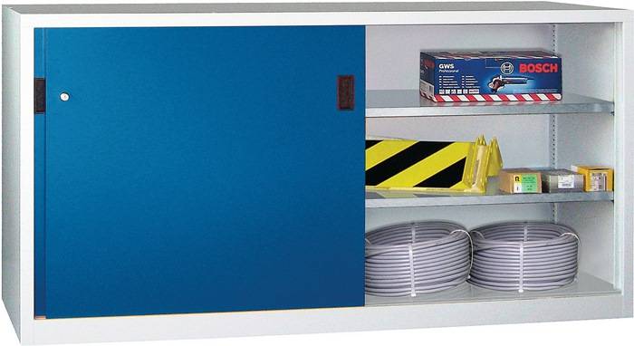 Schiebetürenschrank H1000xB2000xT600mm 4 Fbd.grau/blau Trgf.1000kg Trennw.