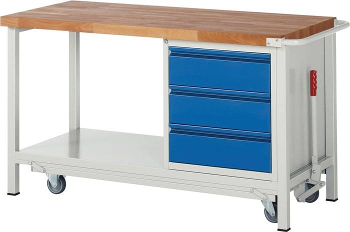 Werkbank Basic B1000xT700xH880mm Buche grau blau 3 Schubl.fahrb. absenkb. RAU