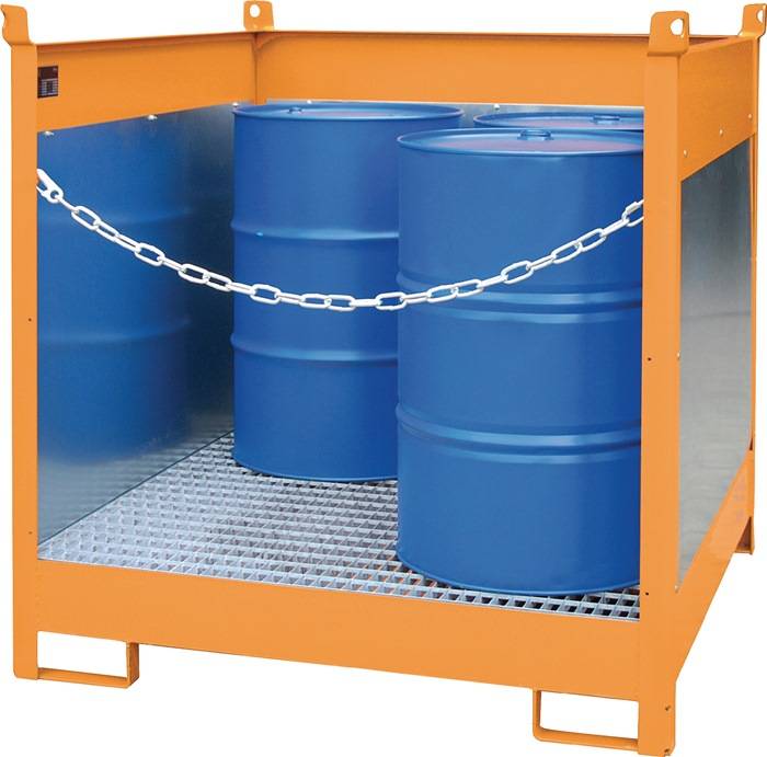 Auffangwanne 210l L1410xB920xH1495mm Stahlbl.m.Gitterrost u.3 Wänden gelborange