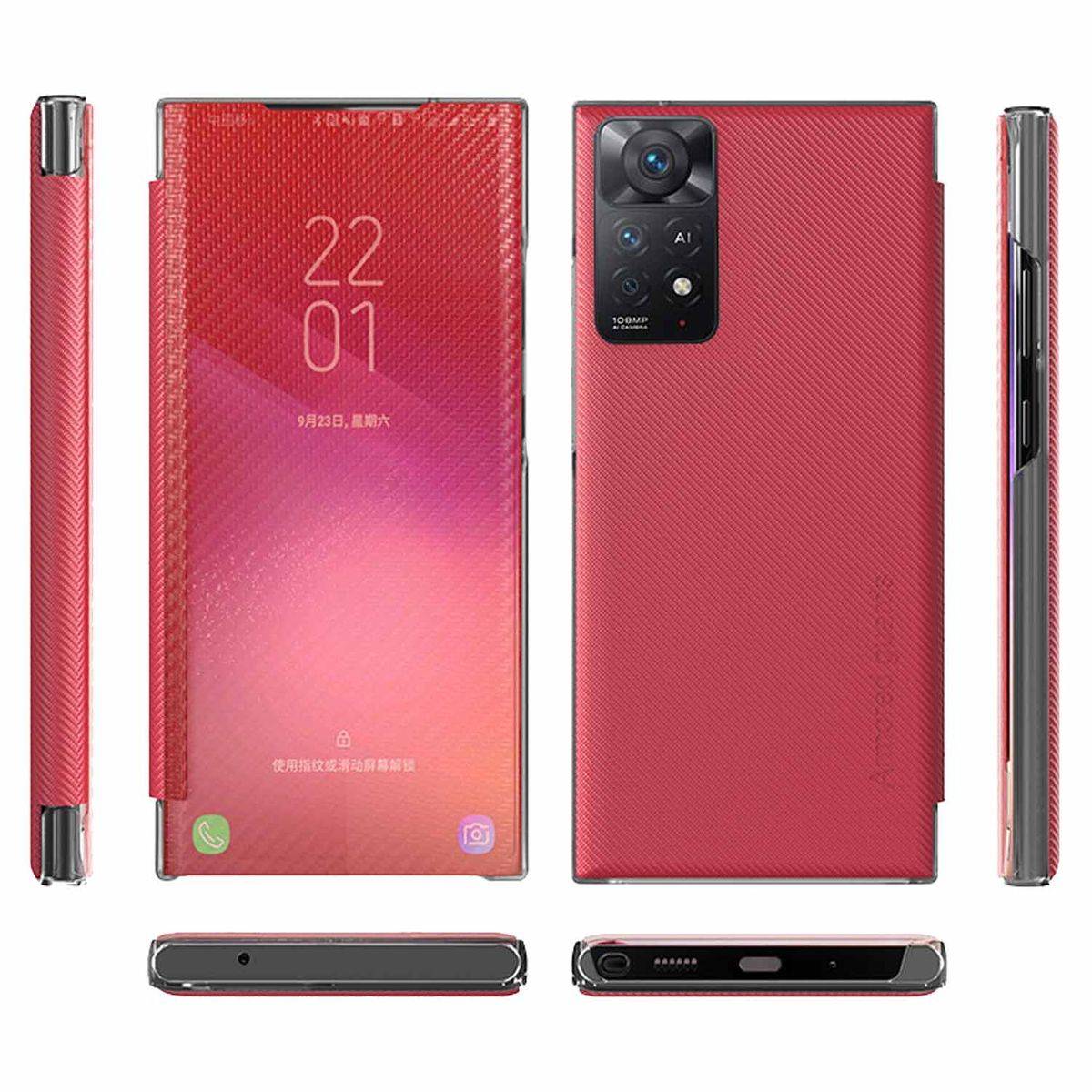 Für Xiaomi Redmi Note 11 Pro 5G Design Carbon Clear View Smartcover Cover Hülle Case Rot