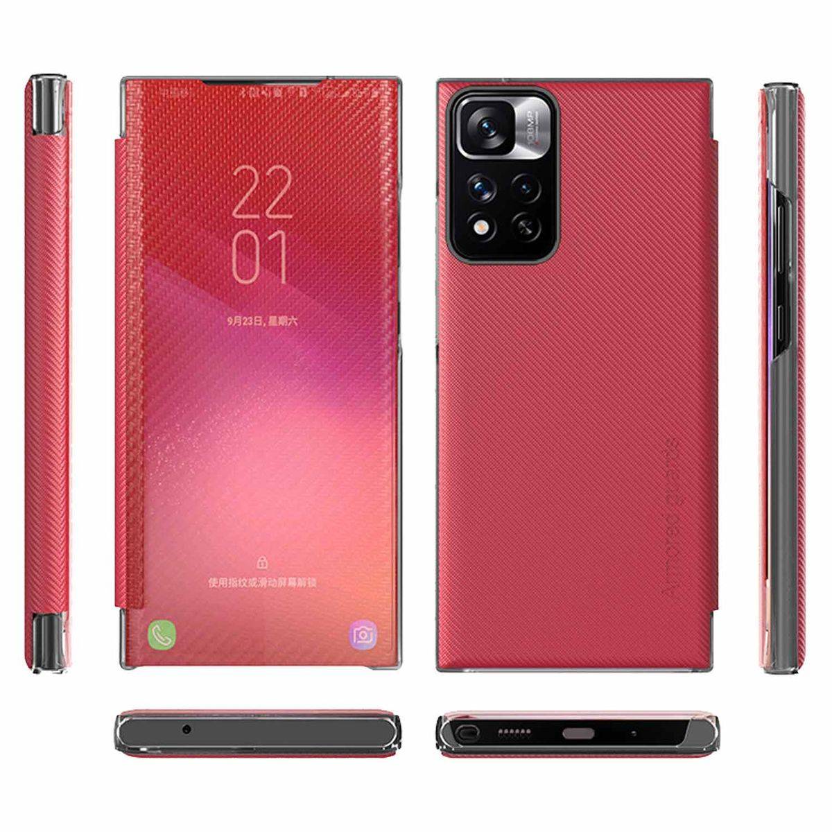 Für Xiaomi Redmi Note 11 Pro Plus 5G Design Carbon Clear View Smartcover Cover Hülle Case Rot