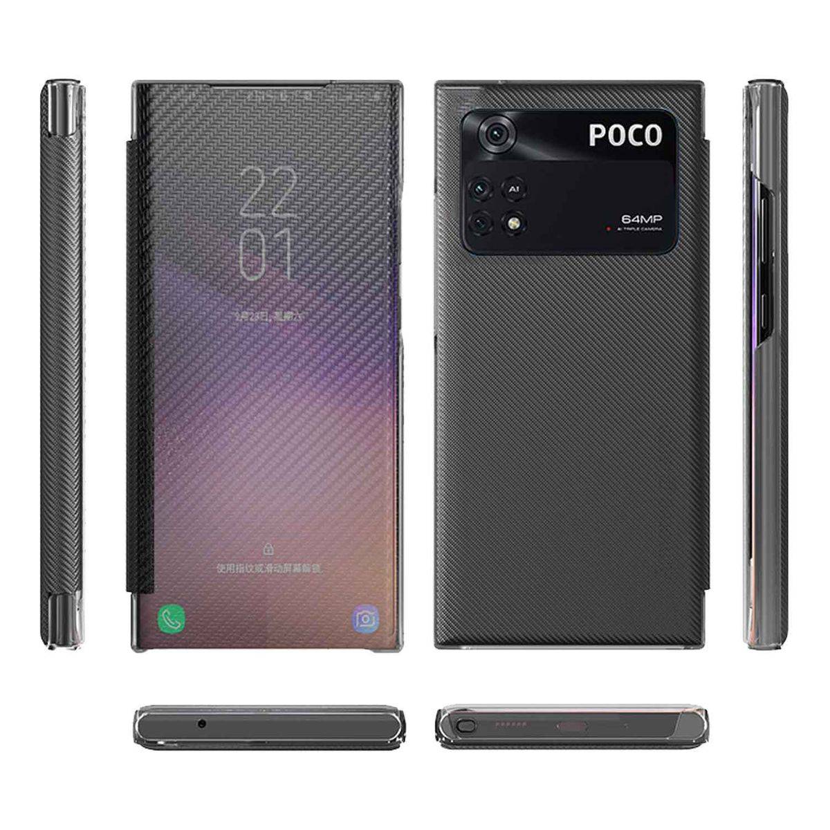 Für Xiaomi Poco M4 Pro 5G Design Carbon Clear View Smartcover Cover Hülle Case Schwarz
