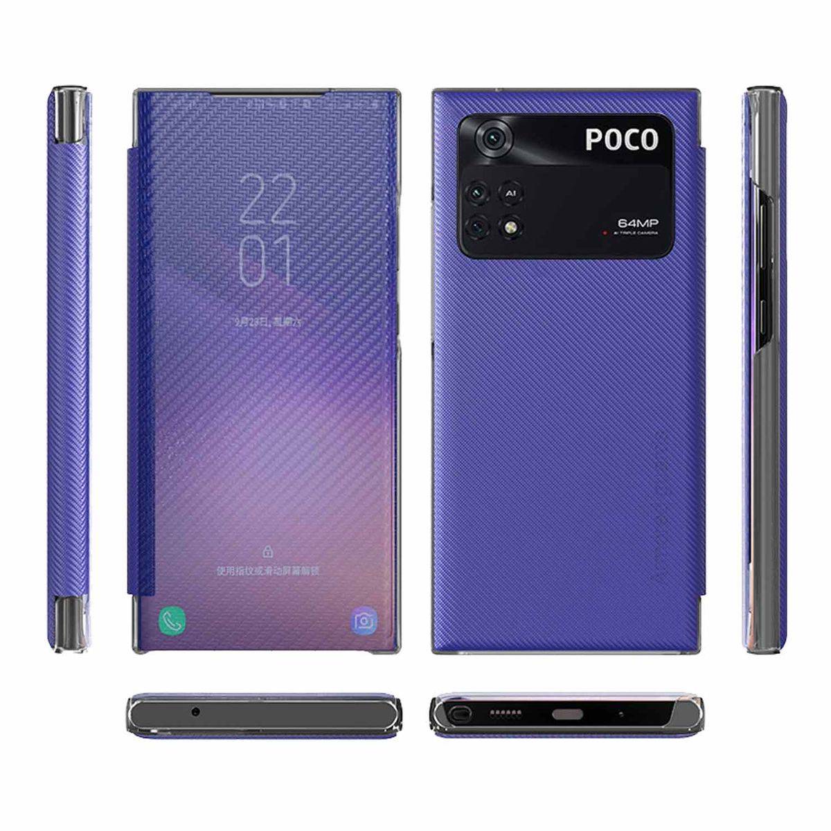 Für Xiaomi Poco M4 Pro 5G Design Carbon Clear View Smartcover Cover Hülle Case Lila / Blau