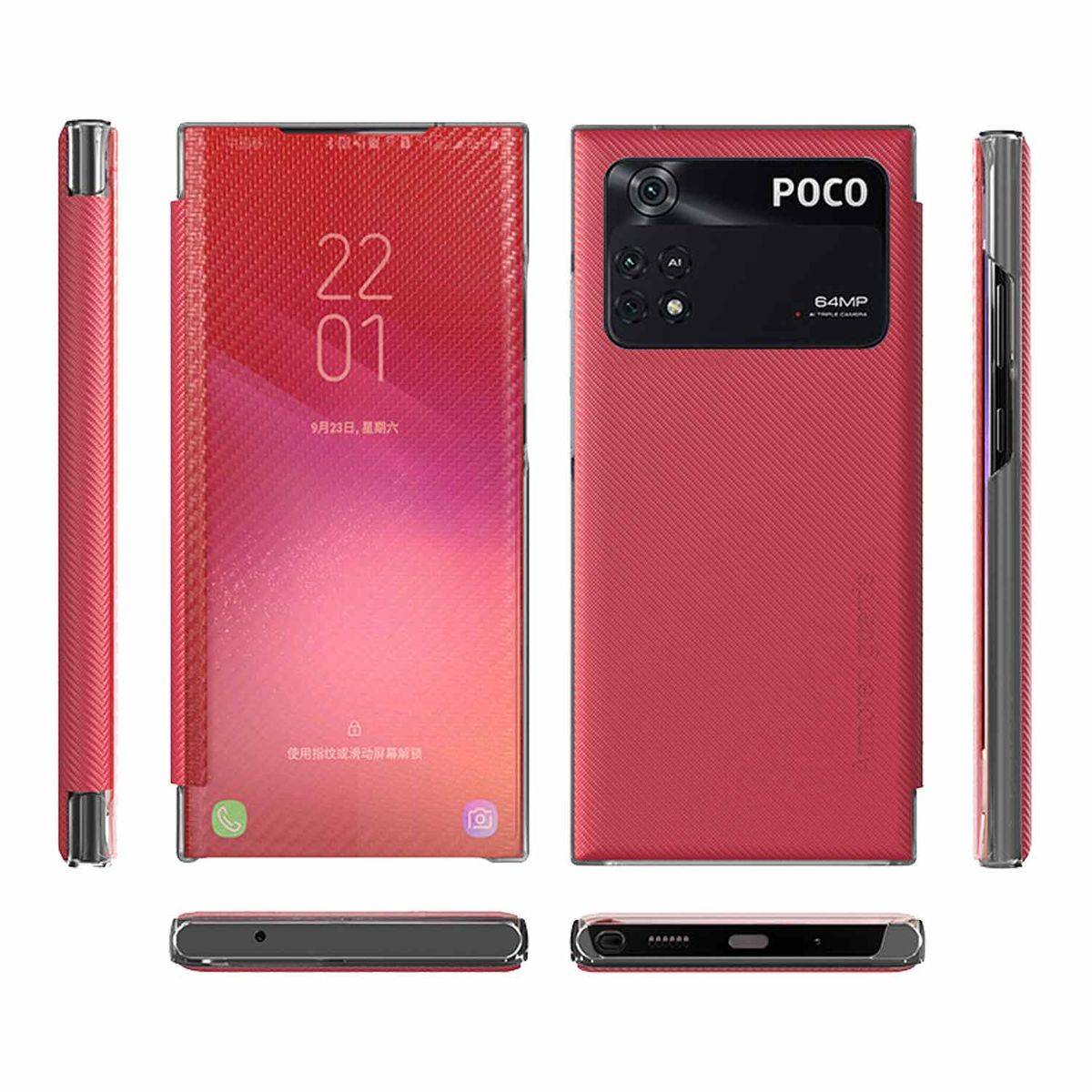 Für Xiaomi Poco M4 Pro 5G Design Carbon Clear View Smartcover Cover Hülle Case Rot
