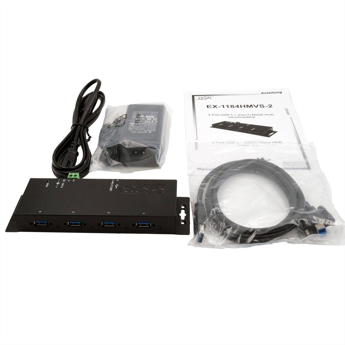 EXSYS EX-1184HMVS-2 4-Port Metall USB 3.2 Gen1 inkl. verschraubbares Kabel Surge Protection