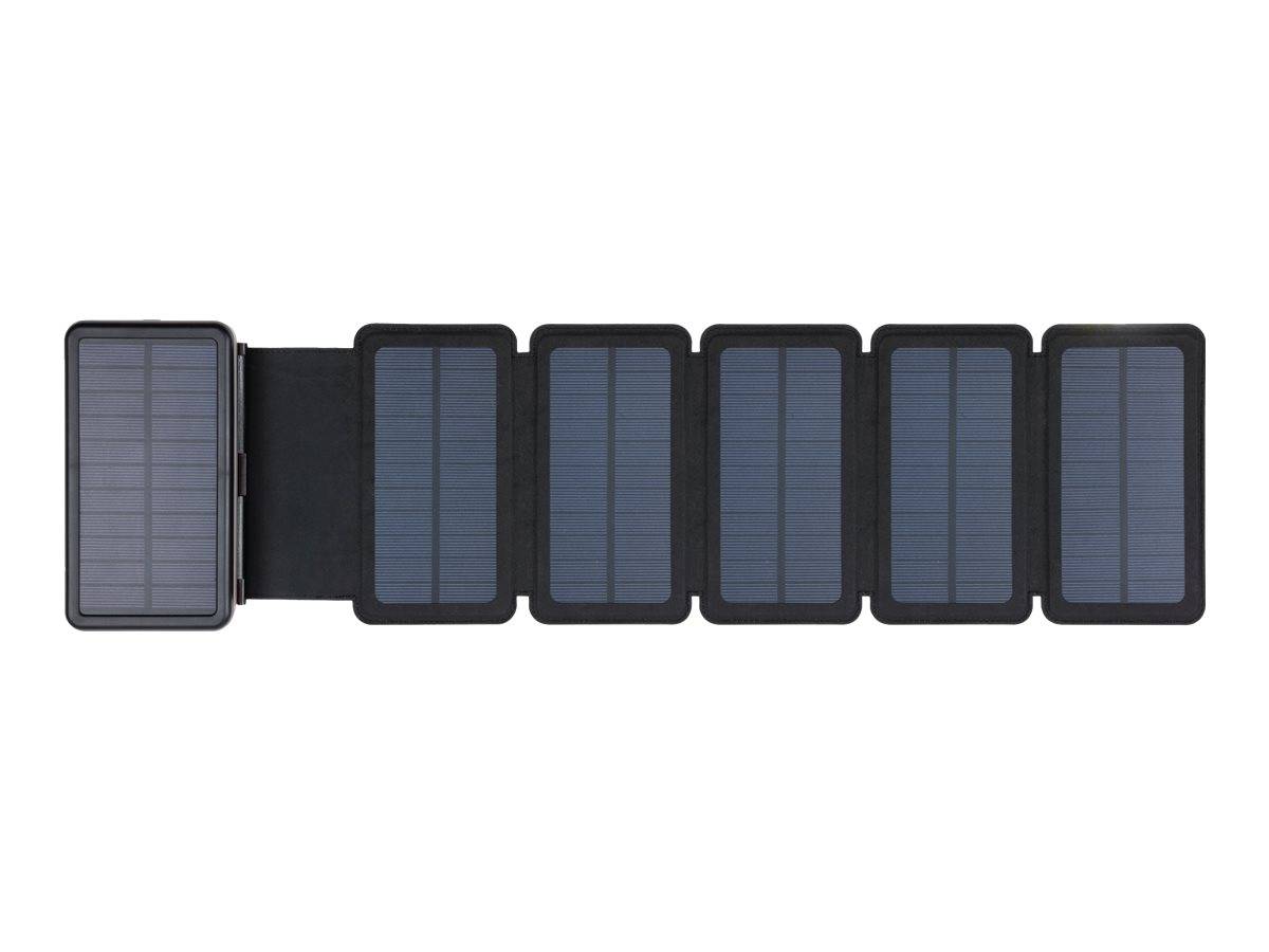 Tragbares Solarladegerät mit sechs verbundenen dunkelblau Paneelen und einem größeren linken Panel auf schwarzem Untergrund, geschlossen auf weißem Hintergrund gezeigt.