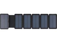 Schwarzes faltbares Solarladegerät mit sechs verbundenen blaugrau Solarpanelen, entfaltet auf weißem Hintergrund gezeigt.