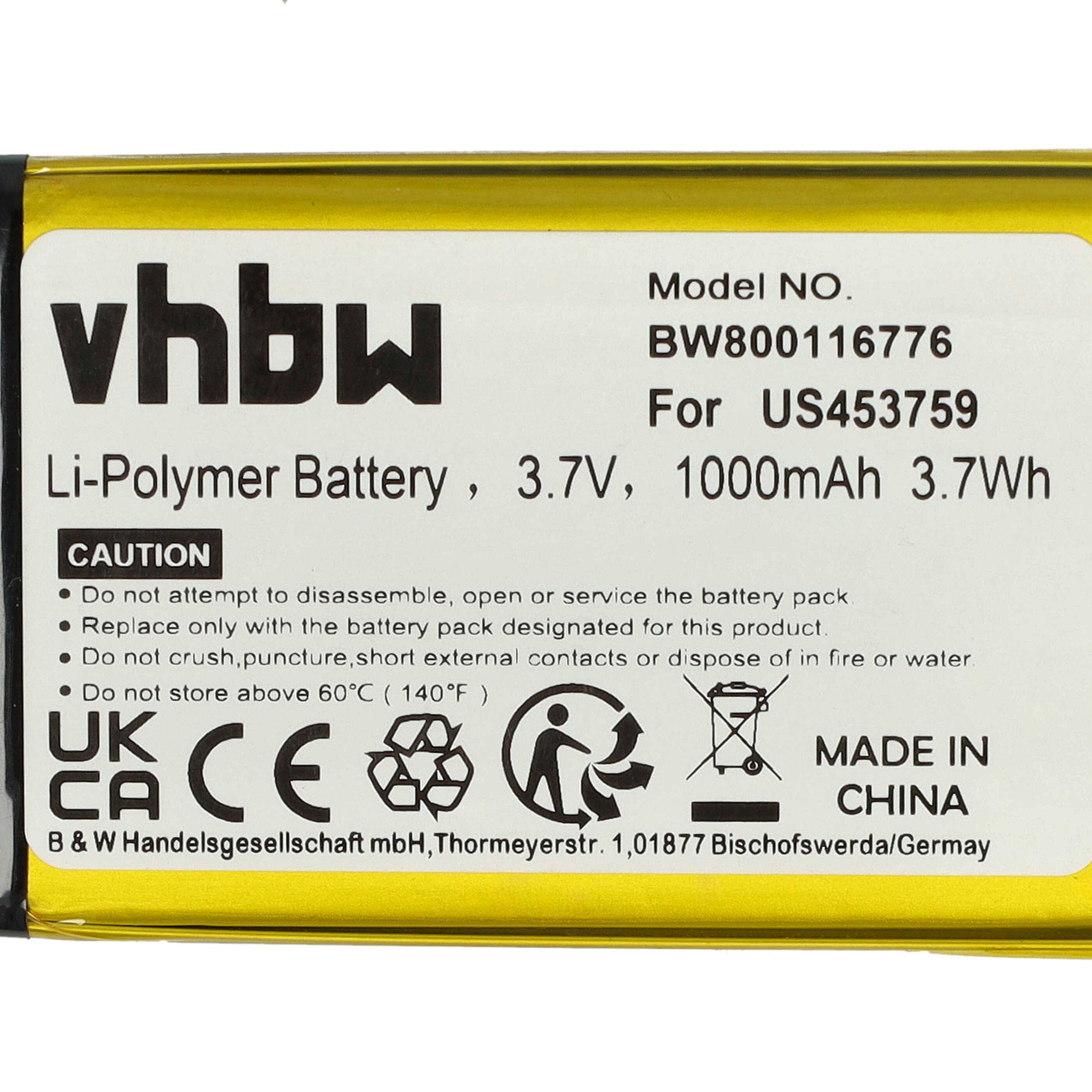 Etikett auf einem VHBW Li-Polymer Akku: Modell BW800116776 für US453759, 3,7V 1000mAh 3,7Wh, mit Sicherheitsvorkehrungen und hergestellt in China.