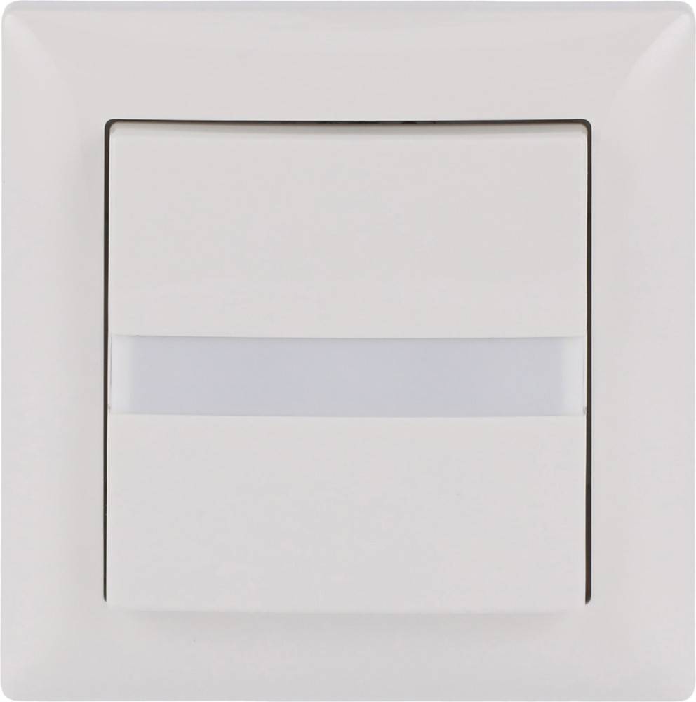 Ein weißer Lichtschalter mit rechteckigem Design und einer horizontalen zentralen Vertiefung.