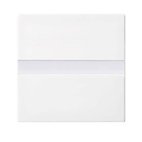 Eine weiße quadratische Wandabdeckung mit einem horizontalen, glänzenden Streifen in der Mitte, die üblicherweise verwendet wird, um elektrische Steckdosen oder Schalter zu verbergen.