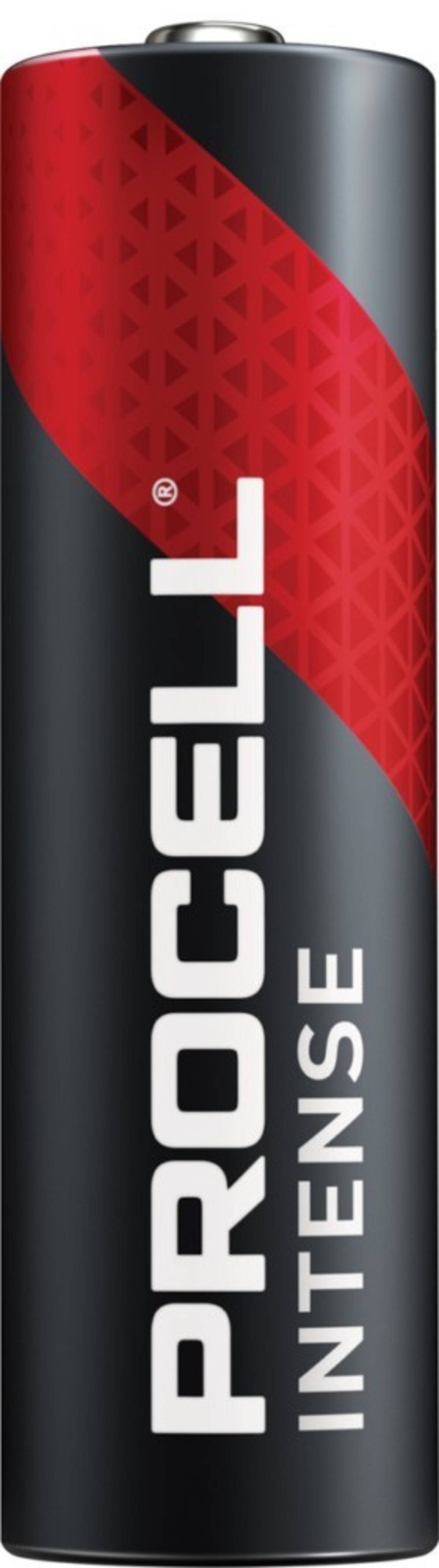 Schwarze Procell Intense Batterie mit einem roten Schrägband und weißem vertikalem Branding auf dem Etikett.