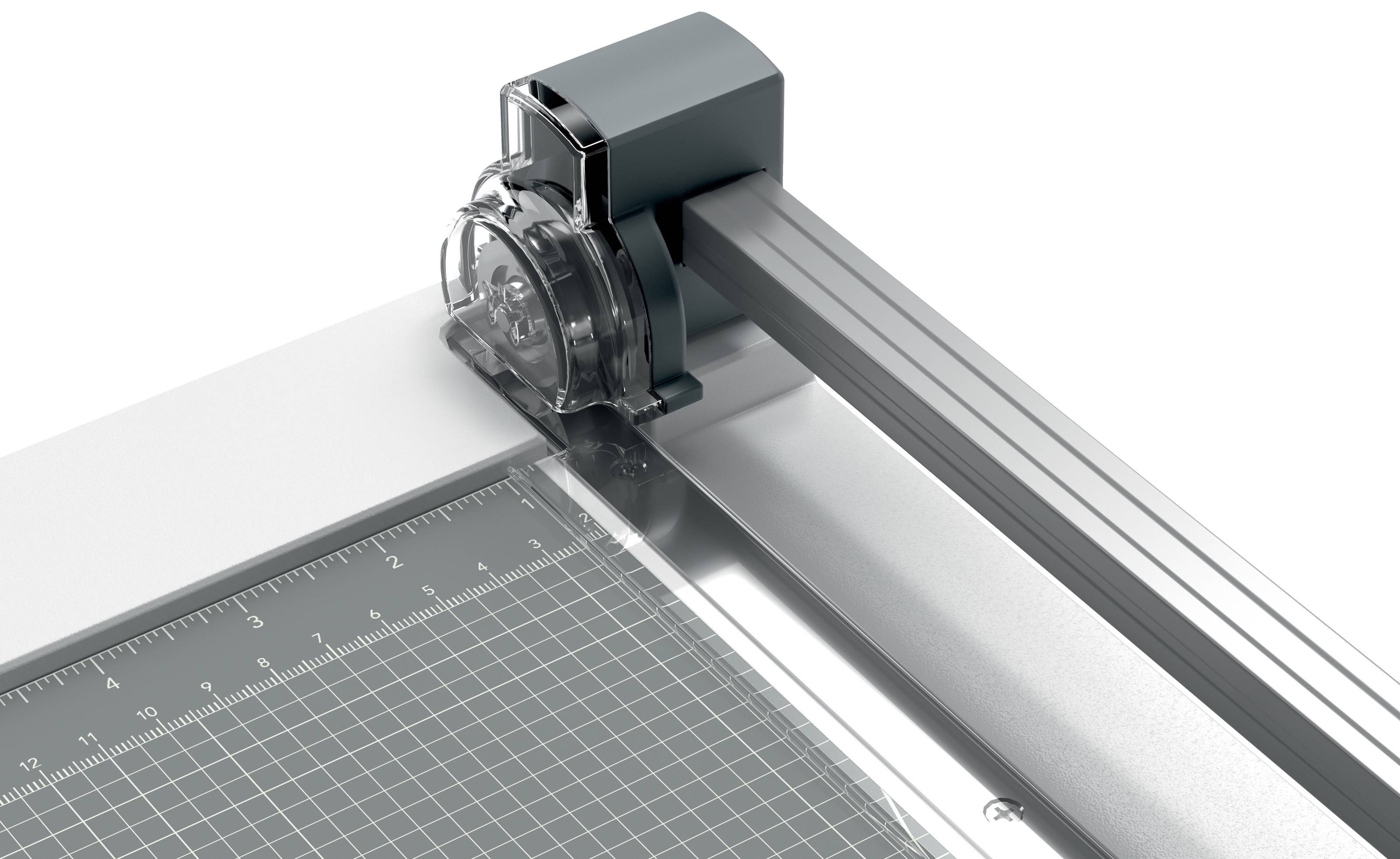 Ein Desktop-Papierschneider mit einem verschiebbaren Rotationsschneidblatt und einer Schneidematte mit Raster für präzises Papierschneiden.