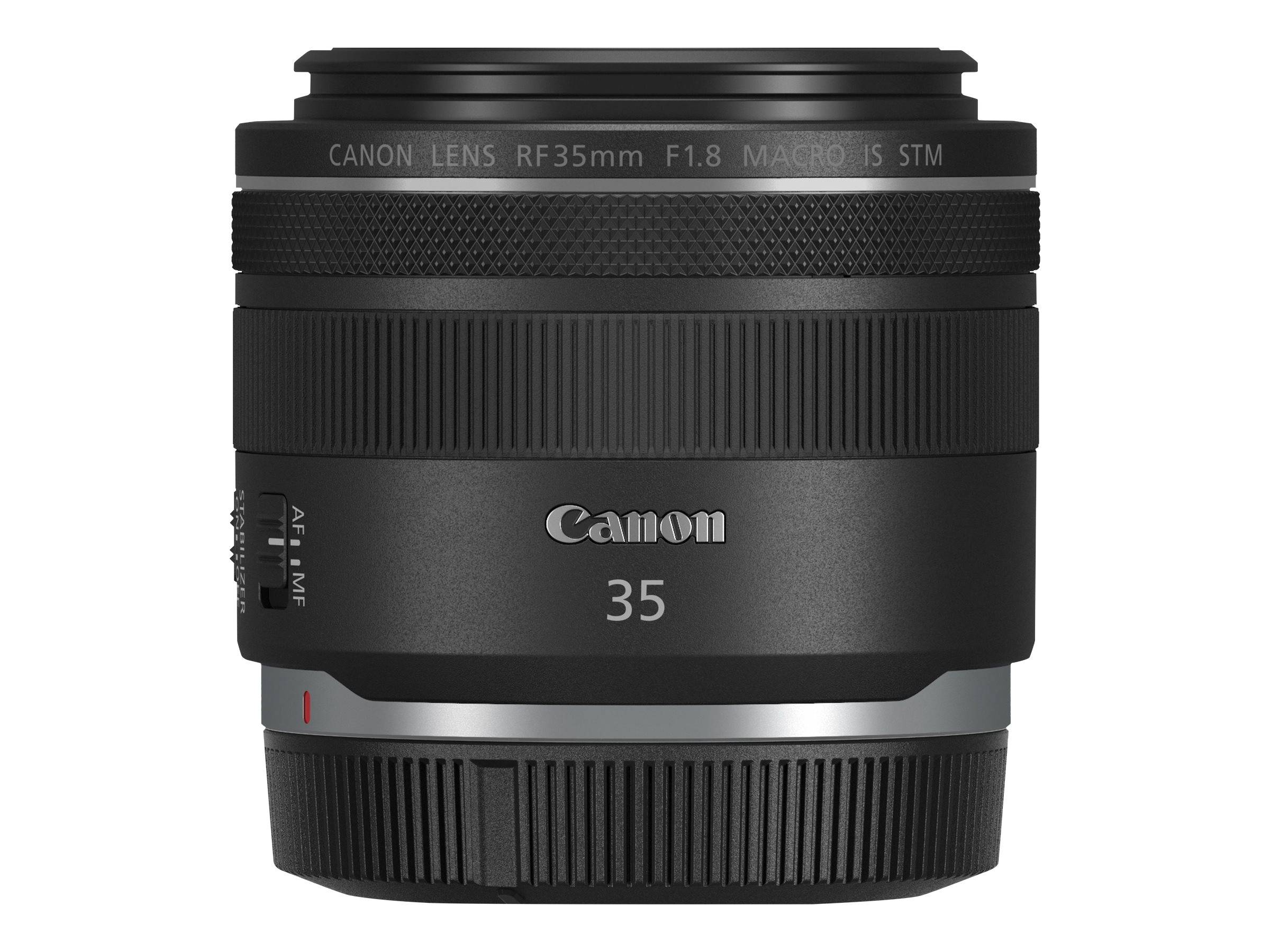 Canon RF 35mm F1.8 Macro IS STM Kameraobjektiv von vorne gezeigt, mit Canon-Branding und „35