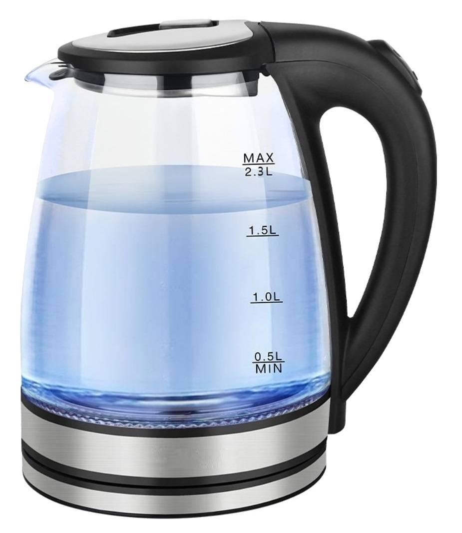 Cheffinger Glas Edelstahl Wasserkocher 2000W mit LED-Beleuchtung Teekocher