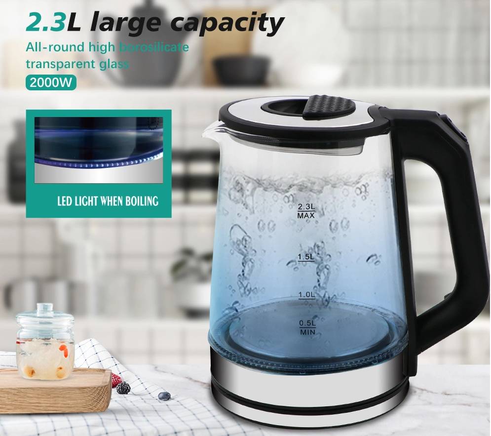 Cheffinger Glas Edelstahl Wasserkocher 2000W mit LED-Beleuchtung Teekocher